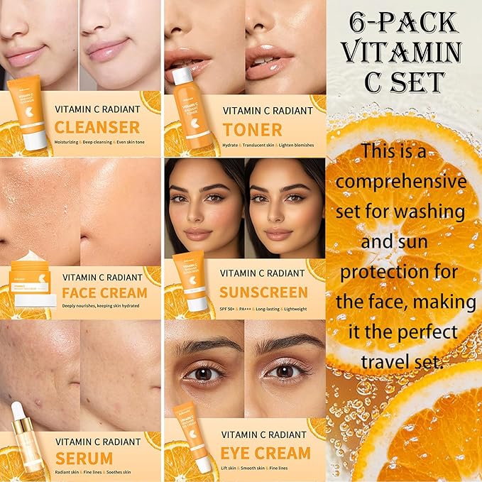 Skincare Gift Set for Teenage Girls,Vitamin C Skin Care Set - 6 Piece Gentle Skin Cleaning & Care Travel Size Kit With Cleanser, Toner, Face Serum,Eye Cream,Sunscreen,Face Cream Brighten Face Care Kit