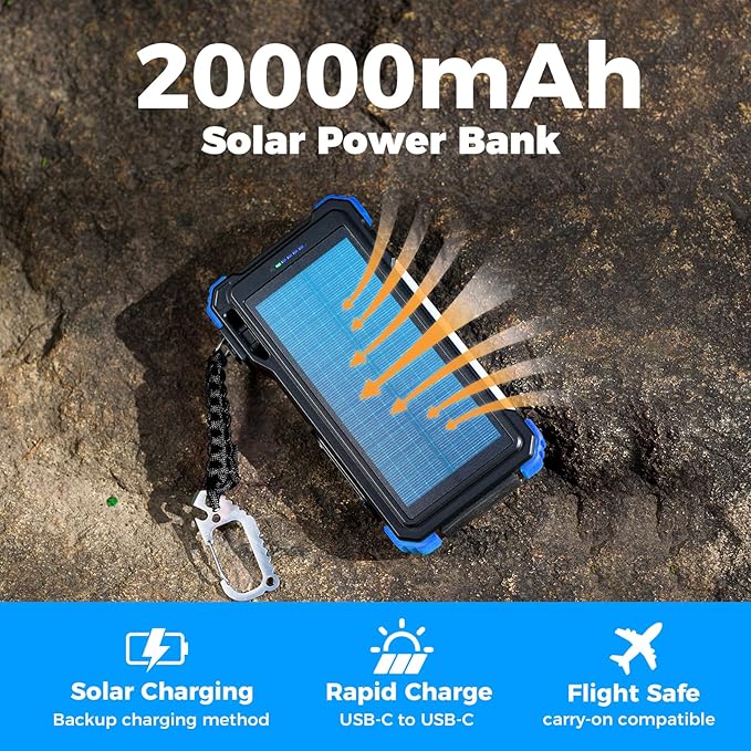BLAVOR Solar Power Bank 20000mAh/74000mWh Built-in Cables, Wireless Charger for Apple Watch, 20W Fast Charging Battery Pack with USB C, Flashlight, Solar Charger for iPhone, iPad, iWatch, Samsung