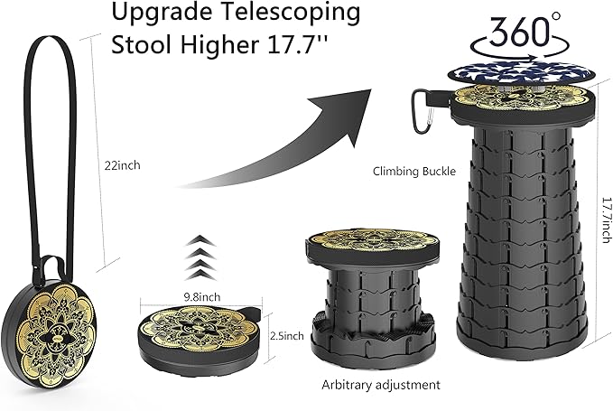 ALEVMOOM Upgraded Telescoping Collapsible Stool with Cushion, Folding Stool with Printing Portable Retractable Foldable Seat Max Load 550lbs for Adults Camping Fishing Outdoor