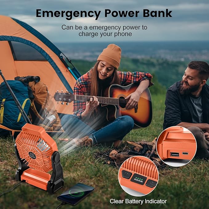 Odoland Rechargeable Camping Fan, 20000mAh Battery Fans with LED Lantern for Tent Car Beach Storm, Portable Ventilador Recargable Light Desk Fan for Picnic Power Outage Hurricane, Orange