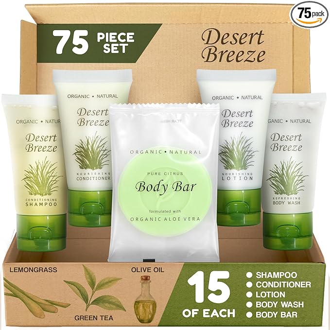 Travel Size Hotel Toiletry Set 75 Count 1 oz Bottles Guest Amenities for Vacation Rentals and Short Term Rentals Paraben Free Green Tea Lemongrass Scent Infused with Aloe and Olive Oil | Desert Breeze