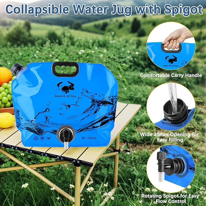 Camping Water Jug 2.1 Gallon CollapsibleWater Container Portable Water Bag for TravelOutdoor Hiking BPA Free Lightweight (Blue (2.1 Gal), 2)