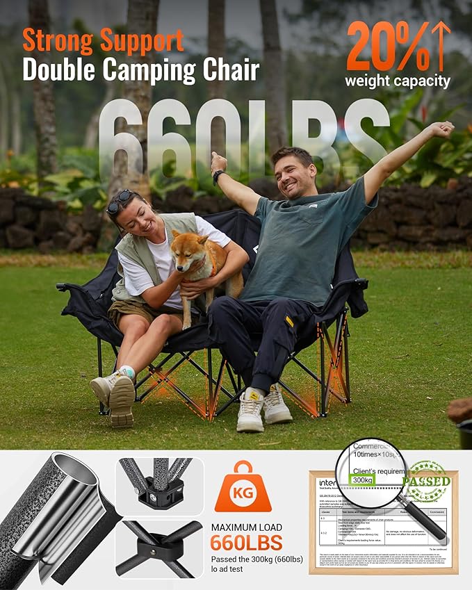 KingCamp Double Camping Chair, Oversized Heavy Duty Loveseat for Adults Portable Folding XL 2 Person Couch Padded Comfortable Two Seat with Cup Holder for Outdoor Lawn Backyard