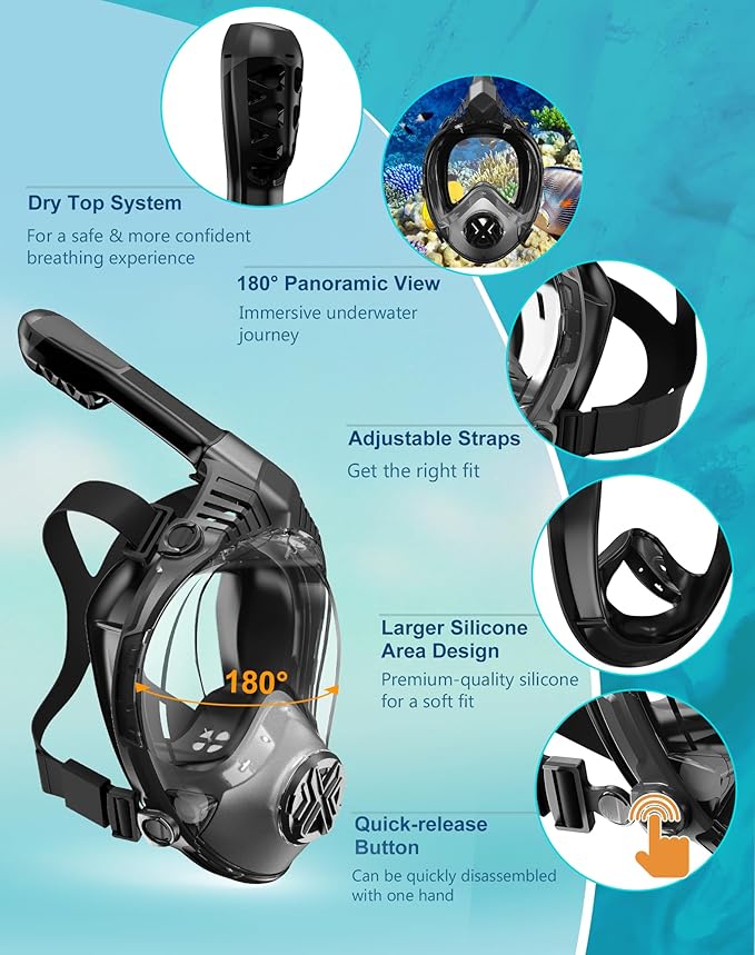 Full Face Snorkel Mask- Snorkeling Gear for Adults with Safe Dry Top Breathing System, Latest Foldable Panoramic View Snorkeling Mask for Men and Women, Anti Fog Anti Leak