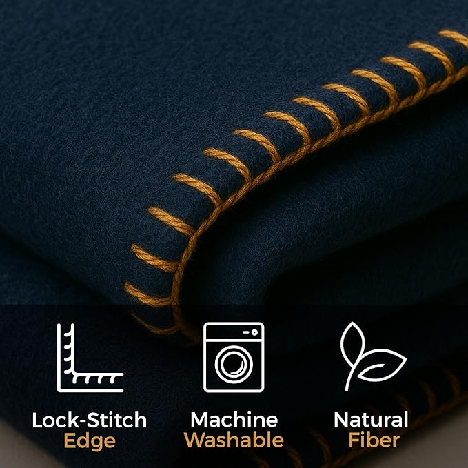 Wool Camping Blanket – 70% Wool Heavy-Duty Military Style Throw, Warm & Washable, Fire Retardant Cover for Emergency, Survival & Outdoor Use – Perfect for Camping, Car, Home & Hiking, Navy 62x84