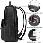 Men's Black Leather Backpack, Durable Genuine Leather Laptop Backpack for Work Travel, Business 15.6" Computer Backpack, Stylish Professional Designer