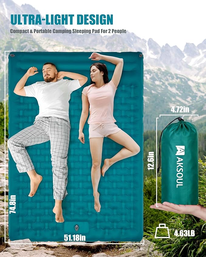 AKSOUL Sleeping Pad Camping Inflatable: Extra Thickness Double Persons Self Inflating Mat with Built-in Foot Pump, Lightweight Ultra-Wide Air Mattress with Pillow for Camping, Backpacking