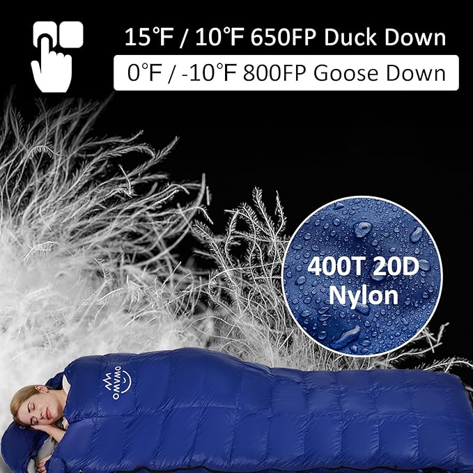-10°F 0°F 10°F 15°F Down Sleeping Bag for Adults,800/650 Fill Power,Ultralight Wearable 4 Season Cold Weather Rectangle Sleeping Bag for Camping Hiking,Can be Used as a Down Blanket or Cloak