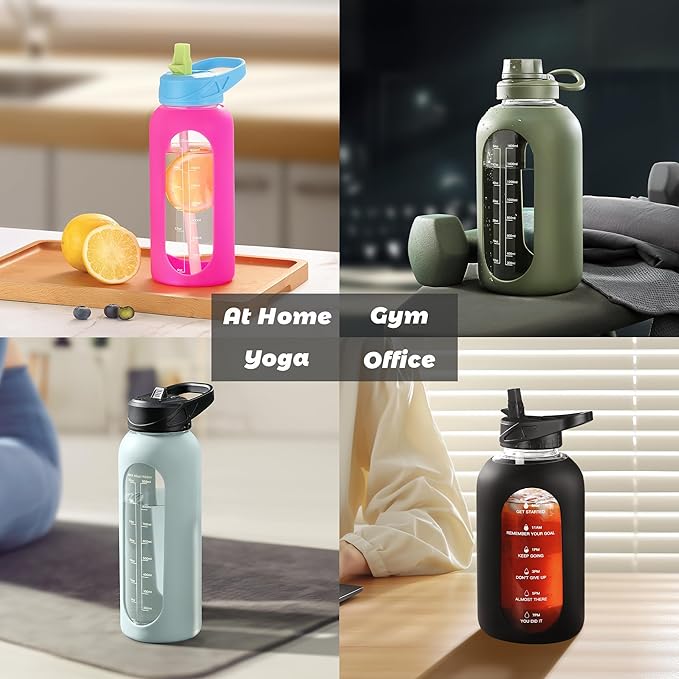 CIVAGO 32 oz Glass Water Bottle with Straw and Handle, Large Sports Motivational Water Bottle Flask with Time Marker and 2 Lids, Leakproof Water Jug Canteen with Silicone Sleeve for Gym, Sage