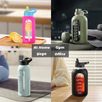 CIVAGO 32 oz Glass Water Bottle with Straw and Handle, Large Sports Motivational Water Bottle Flask with Time Marker and 2 Lids, Leakproof Water Jug Canteen with Silicone Sleeve for Gym,Navy