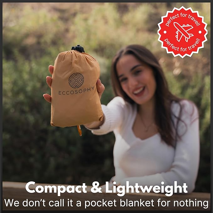 ECCOSOPHY Sand-Proof & Waterproof Picnic Blanket - 60x55, Lightweight, Compact, Ideal for Hiking, Camping, Festivals, Sports, Travel - Includes Bag & Stakes (Caramel)