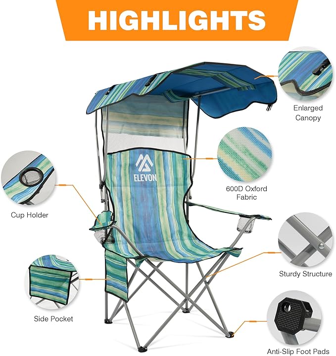 Camping Chair, Oversized Folding Chair with Canopy, Portable Outdoor Chair with Arms, Cup Holder and Carry Bag for Camping, Fishing, Beach, and Sports, Turquoise