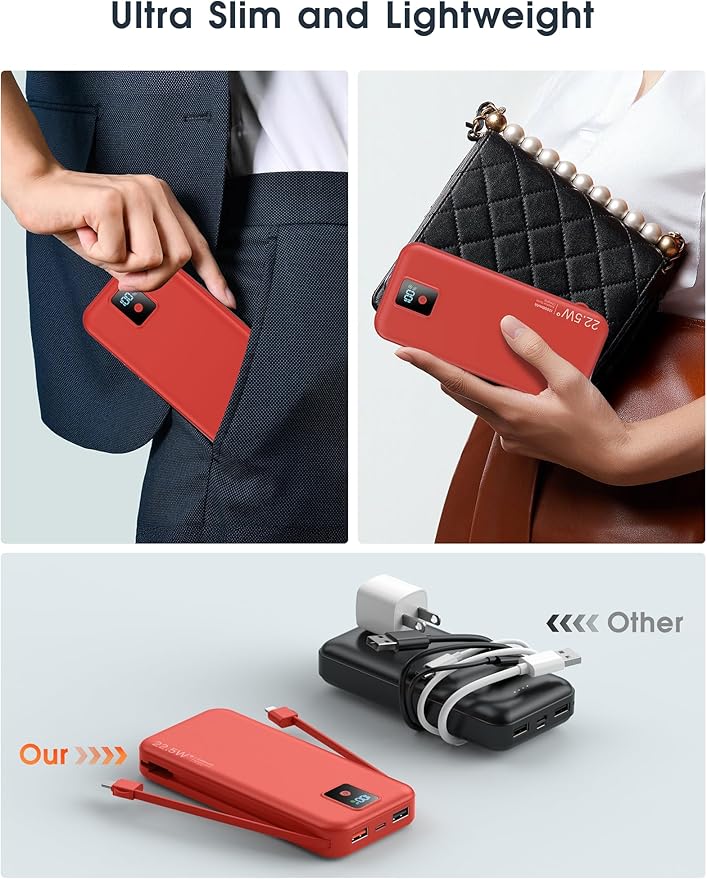 Portable Charger, 12000mAh 22.5W Fast Charging Power Bank with Built-in Cables & Wall Plug, Travel Essential Battery Pack with LED Display, USB C Battery Phone Charger for iPhone, iPad, Samsung Red