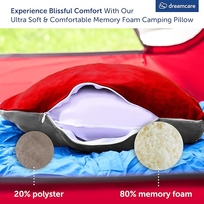 DREAMCARE Camping Pillow, Memory Foam Travel Pillow, Camping Accessories - Small Pillow Camping Essentials Camping Pillows for Sleeping, Backpacking Pillow, Travel Pillows for Sleeping (Medium, Red)