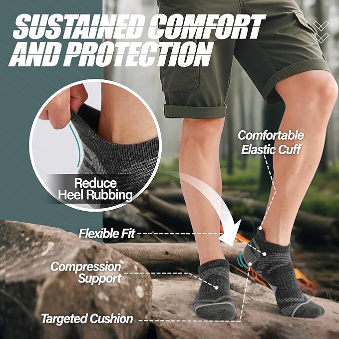 ANTSANG 6 Pairs Merino Wool Ankle Hiking Running Socks Compression Thick Cushion Breathable No Show Socks for Men Women