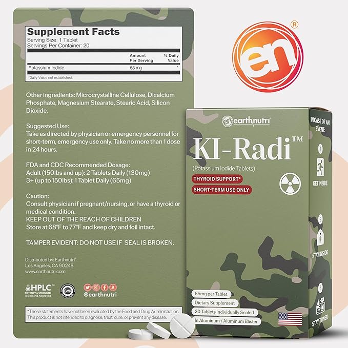EarthNutri KI-Radi™ Potassium Iodide Tablets 65 mg – High Potency Iodine Supplement for Thyroid Support, Emergency Preparedness – Potassium Supplement in Foil-Foil Blister Seal – 100 Tablets (5 Pack)