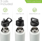 SipX™ Triple-Insulated Stainless Steel Water Bottle 32oz. With 3 Lids, BPA-Free Reusable Insulated Water Bottle Keeps Cold 24 Hours, Metal Water Bottle Made Of Sustainable Material For Hiking & Biking