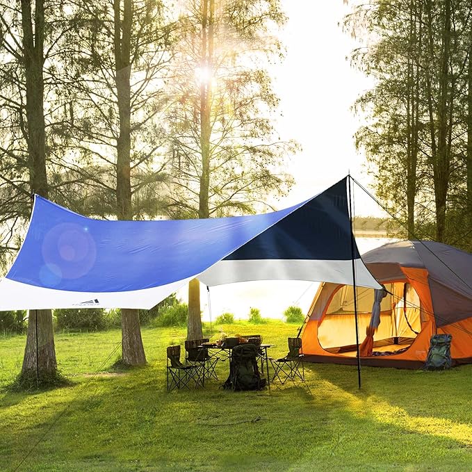 Forceatt 12x14FT Waterproof Anti-UV Camping Tarp with 2 Poles (UPF50+), Lightweight Sun Shelter for Car, Tent, Hammock in Hiking, Backpacking, Garden and Traveling