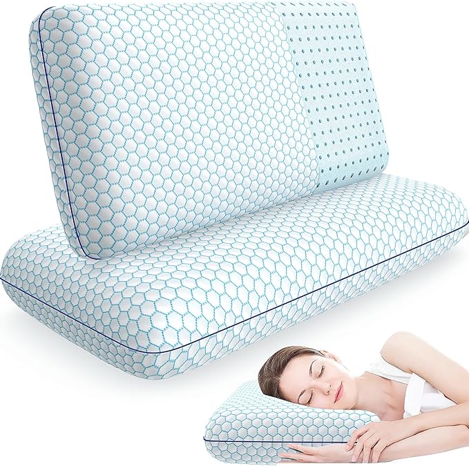 Memory Foam Pillows for Side, Back and Stomach Sleepers, Set of 2, Bed Pillow with Washable Cover and Breathable Mesh, Bed Pillow for Sleeping (Blue，Queen Size)