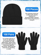 Suhine 200 Pieces Winter Beanies Gloves Sets Include 100 Black Warm Knitted Hats Bulk and 100 Gloves for Men Women Homeless