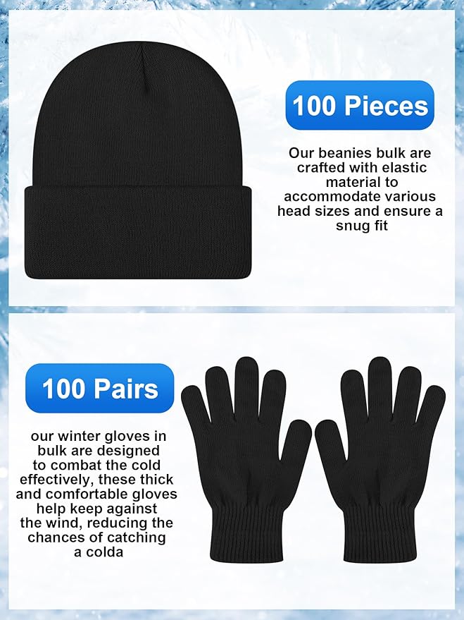 Suhine 200 Pieces Winter Beanies Gloves Sets Include 100 Black Warm Knitted Hats Bulk and 100 Gloves for Men Women Homeless