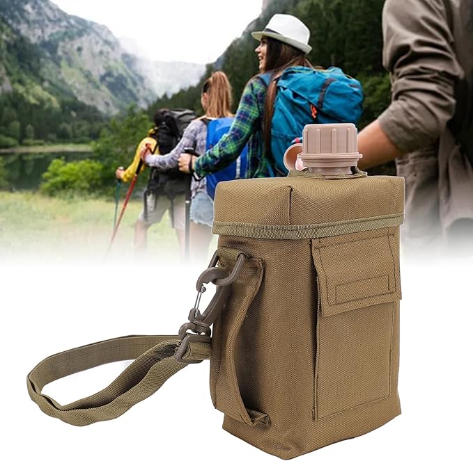 Outdoor - 2L Portable Water Canteen with Waist Bag, Multi Fuctional PVC Flat Camping for Surplus or Bushcraft Gear (Khaki)