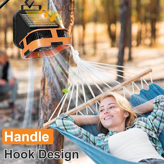 Portable Camping Fan with Solar Panel, 10000mAh Solar Powered fan, 6 Speed Levels, 120° Oscillation, 3 Light Modes, 6H Timer, Handle, Foldable Rechargeable Outdoor Fan for Tent, Hiking, Beach