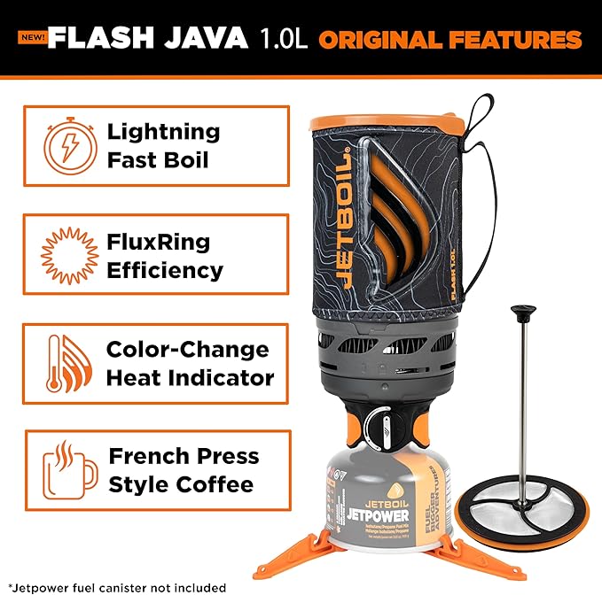 Jetboil Flash Java 1.0L Portable Fast Boil Stove with Silicone French Press and 1-Step Auto Ignition for Camping and Backpacking, New for 2025, Propane/Isobutane Burner with Cooking Cup, Topo