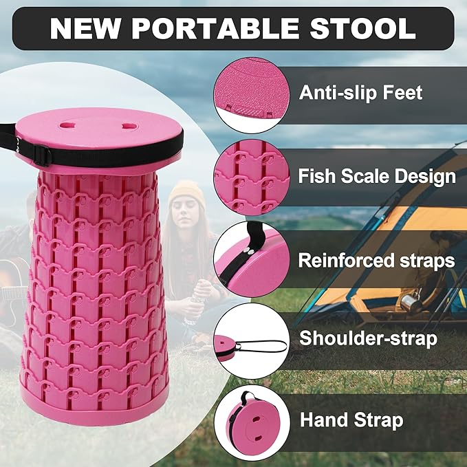 ALEVMOOM Upgraded Collapsible Stool with Thickened Cushion 18.1",600Lbs Max Weight Wider & Taller Pop Up Stool, Heavy Duty Portable Retractable Folding Chair or Travel Foot Rest for Camping, Outdoors