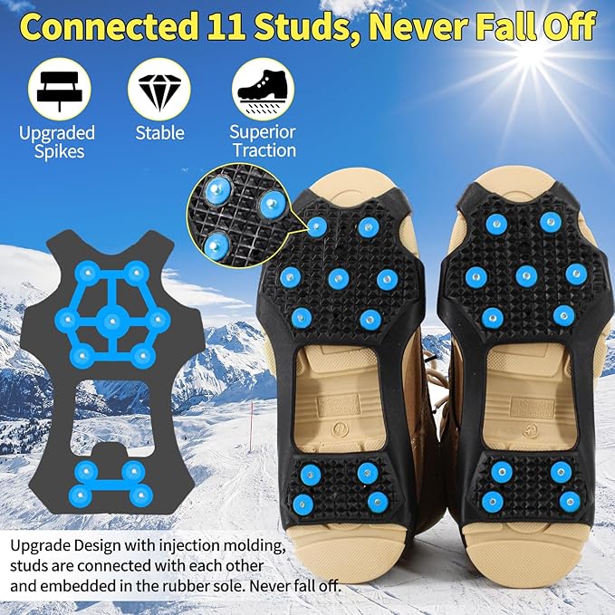 Non-Slip Ice Cleats Snow Grips, Strong Traction Crampons 11 Steel Studs, for Shoes and Boots, Snow Ice Walking