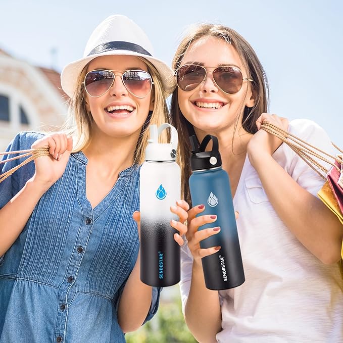 SENDESTAR Stainless Steel Wide Mouth Water Bottle 24oz Double Wall Vacuum Insulated Leak Proof Bottle with New Flex Straw Lid & Spout Lid