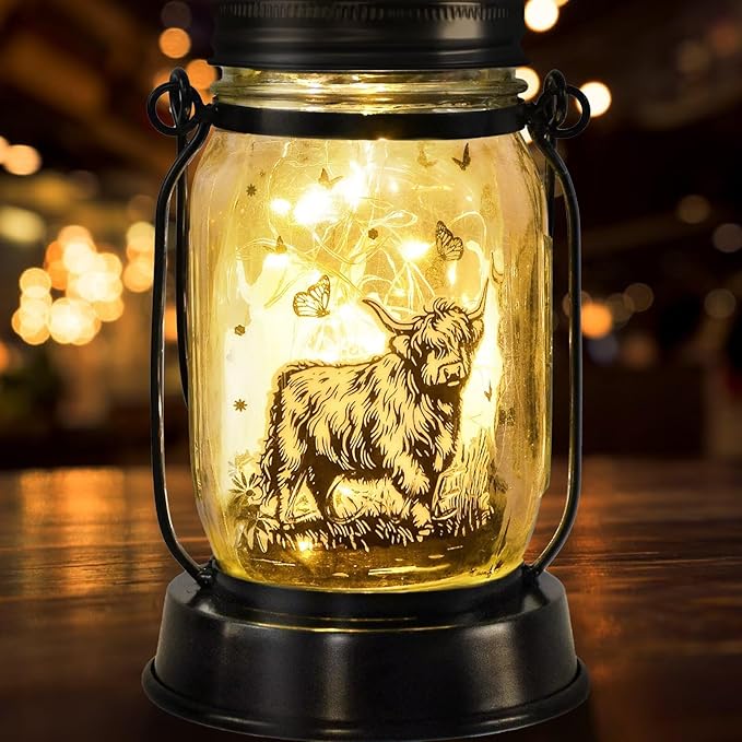 Highland Cow Gifts for Women/Men Highland Cattle Lovers Solar Lantern Mom Birthday, Mothers Day, Christmas Gifts, Solar Cow Garden Decoration Outside for Yard, Patio,Backyard,Porch, Torches