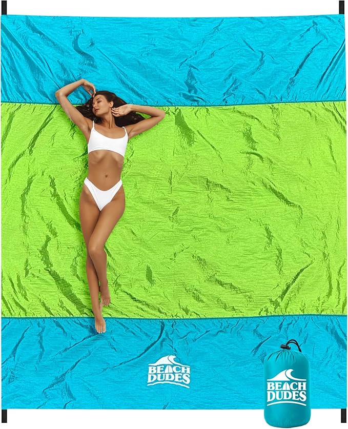 Sandproof Waterproof Beach Blanket Extra Large 108"x 84", Mat for Family, Quick Dry Ripstop Nylon Lightweight, Compact for Travel, Picnic, Camping w/ 4 Anchor Stakes and Carry Bag