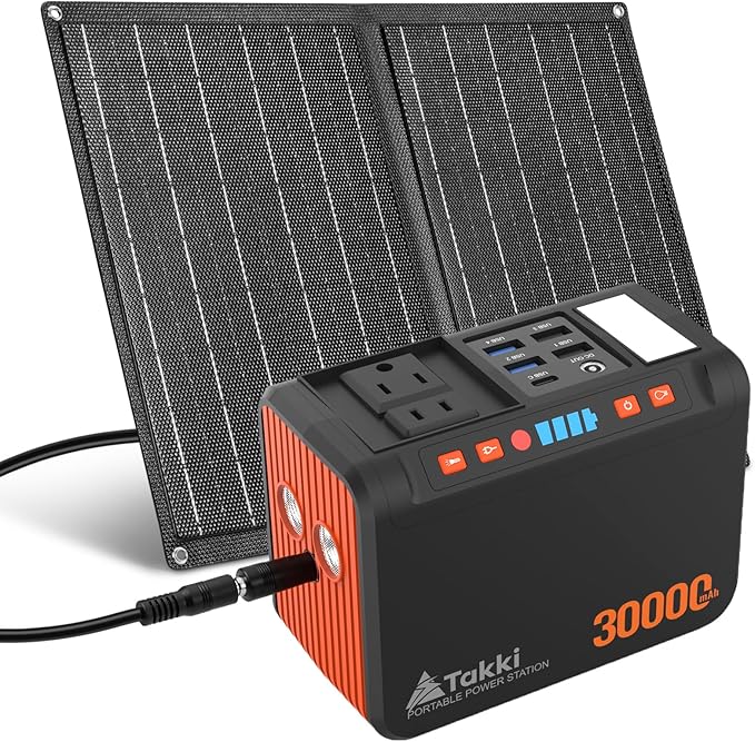 Takki 111Wh Portable Solar Generator Power Station with 21W Foldable Solar Panel, 120W Peak Solar Charger Power Bank with 110V AC DC USB Ports for Camping Emergency Outdoor Home Use