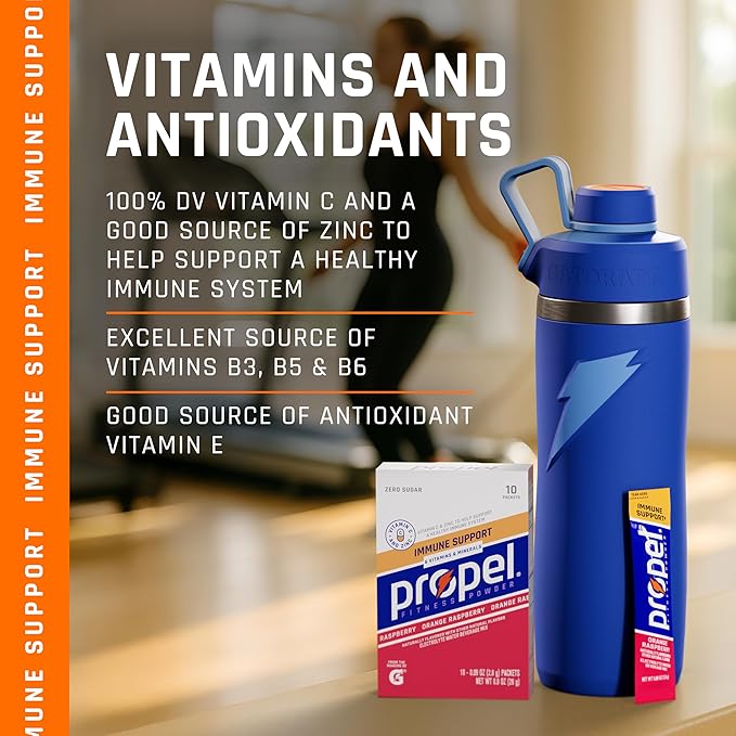 Propel Immune Support Electrolyte Enhanced Water Drink Mix Powder Packets, Variety Pack, 100% DV Vitamin C, Good source of Zinc, Zero Sugar Hydration with Electrolytes and Vitamins (30 Packets)