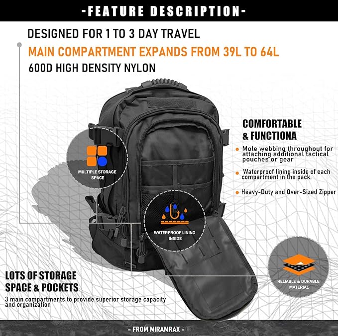 Tactical Backpack Military Hiking Daypack - Molle Backpack for Men 3 Day Assault Pack Bug Out Bag for Camping Travel Army Hunting Gym Rucksack Survival (Black)