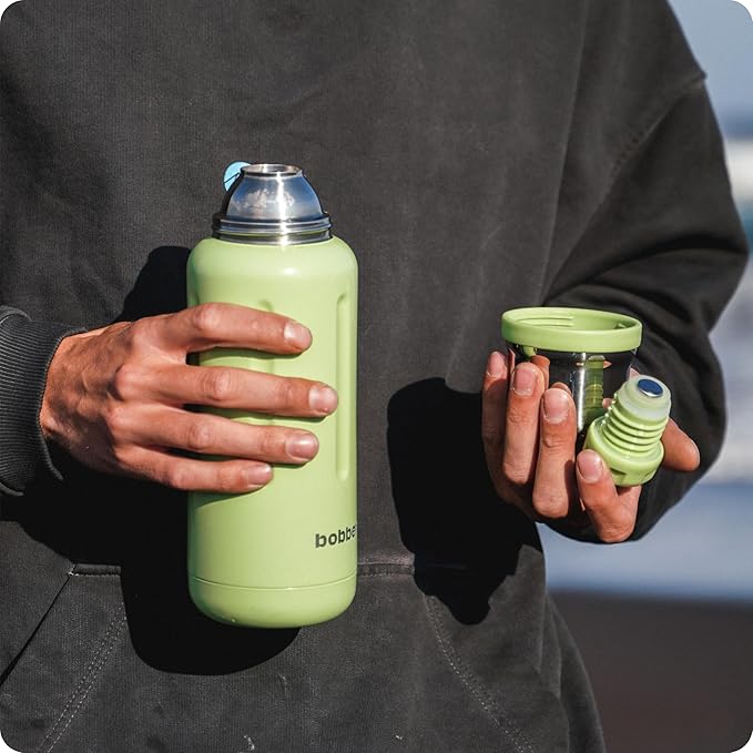BOBBER 34 oz / 1 Liter Stainless Steel Travel Thermos for Hot and Cold Drinks – Dishwasher Safe Metal Water Bottle with Cup Lid – Keeps Hot for 48 Hours – BPA-Free, Vacuum Insulated (Mint Cooler)