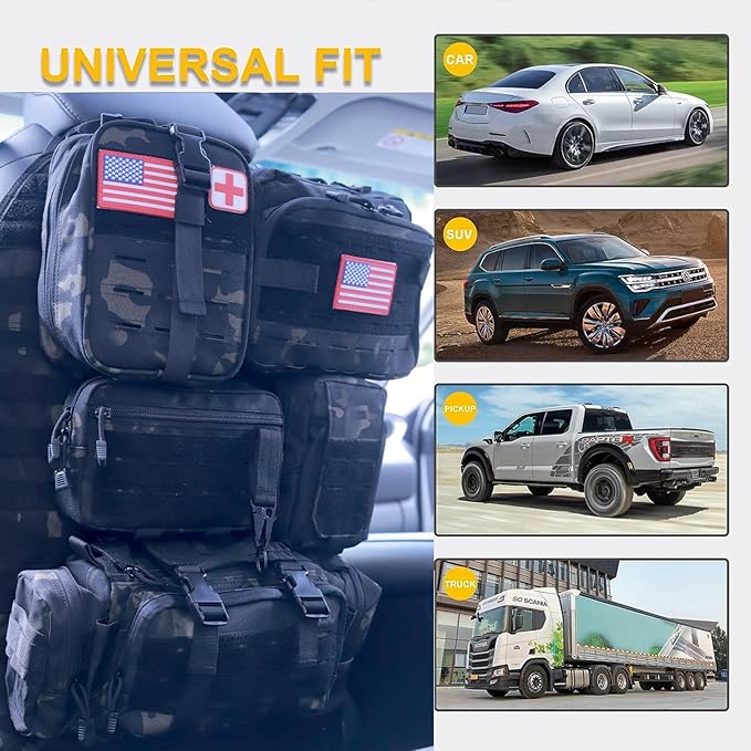 Universal Tactical Car Seat Back Organizer Bag Tactical Molle Vehicle Organizers Panel Vehicle Protector Organizers with 5 Detachable Pouches for Car Truck Ford Jeep (Upgraded D model Black camo)