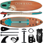 Crew Axel Inflatable Paddle Board 10’33’6” Extra Wide & Lightweight (18lb) Paddle Board – Premium SUP Set Includes 2 Bags, Floating Paddle, Camera Mount, 3 Fins, Dual Pump Kit