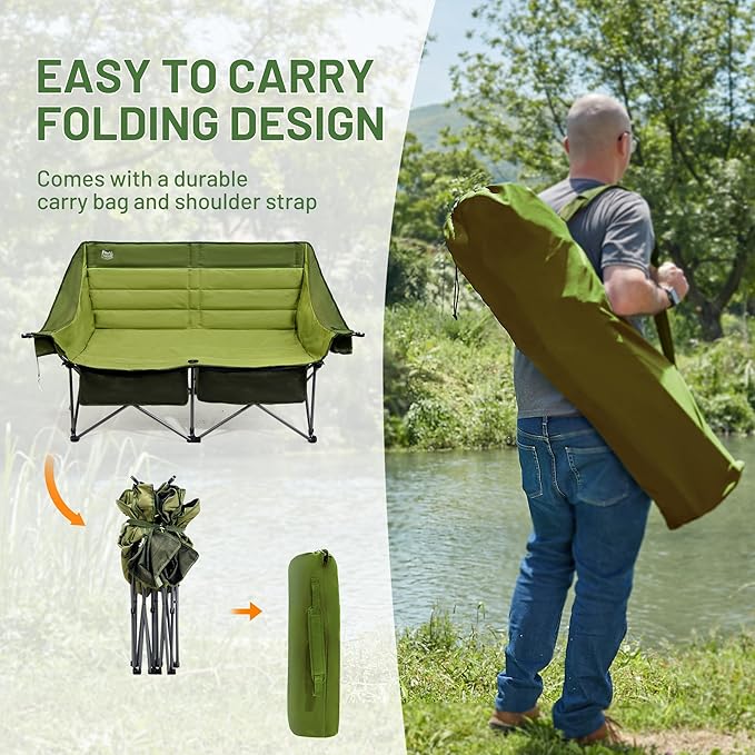 Timber Ridge Double Camping Chair, Heavy Duty Outdoor Folding Camp Couch, Loveseat Camping Chairs Perfect for Campsites, Patio/Lawn, Soccer Games or Other Youth Sports, Supports 600 lbs