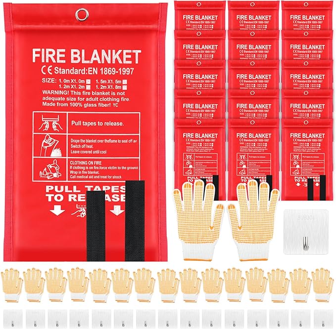 15 Pack Bulk Emergency Fire Blankets for Home and Kitchen with Fireproof Gloves & Hooks Safety Flame Suppression Fire Extinguisher for Camping House Warehouse Car 39.4"x39.4", Housewarming Gifts