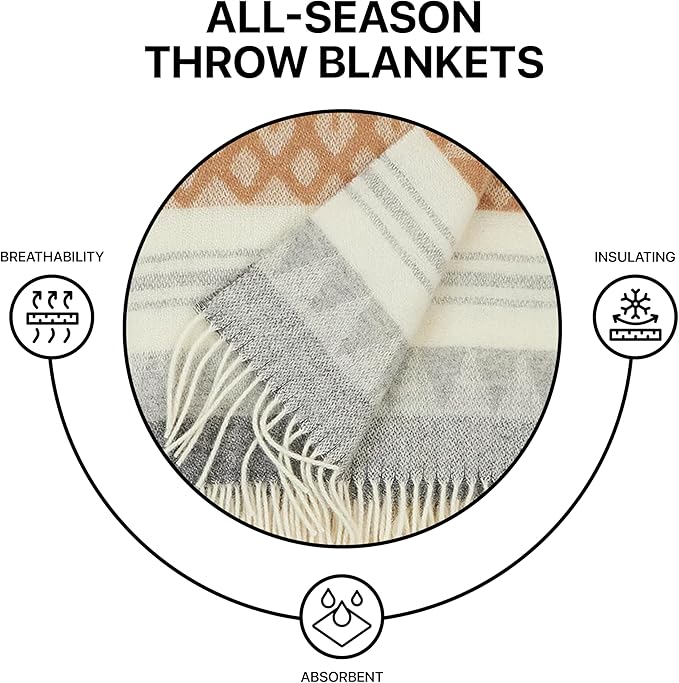 New Zealand Virgin Wool Throw Blanket, Indoor and Outdoor Blankets and Throws, Soft Blanket with Fringes and Pattern