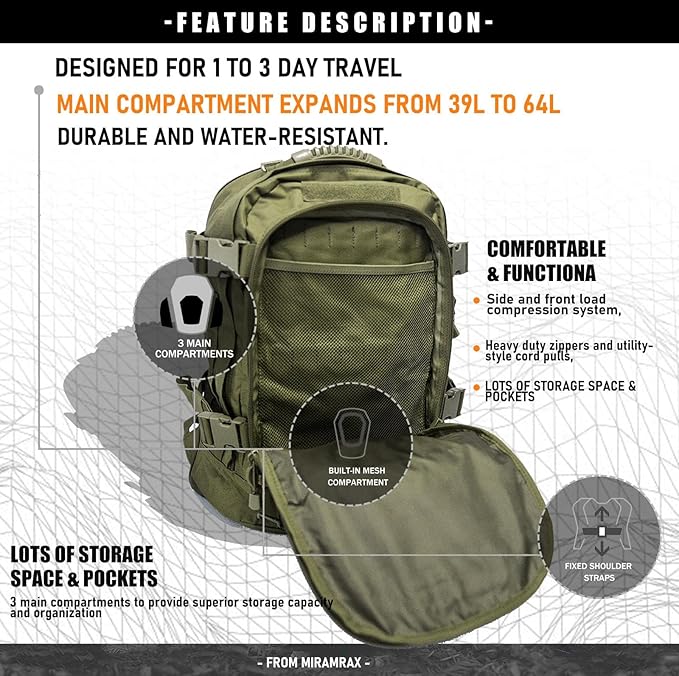 Tactical Backpack Military Hiking Daypack - Molle Backpack for Men 3 Day Assault Pack Bug Out Bag for Camping Travel Army Hunting Gym Rucksack Survival (Green)