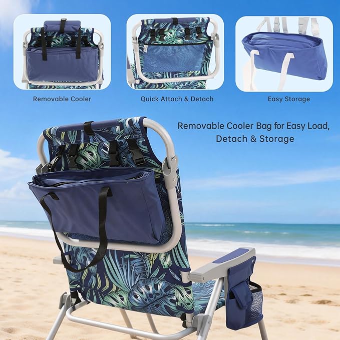 SUNNYFEEL Low Beach Chair 2 Pack, 5-Position Lay Flat Reclining, Backpack Portable Folding Chairs with Cooler Bag & Cup Holder, Heavy Duty 350 LBS, Compact for Beach, Camping, Travel