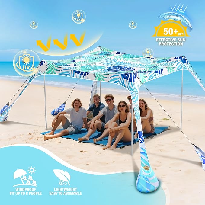 2PM SPORTS Beach Tent Canopy with UPF50+ UV Protection, Outdoor Large Beach Sun Shade Shelter for Family Picnic Camping Travel Shore Fishing, 8 Sandbags, Sand Shovel (Leaf, 10x10 FT)