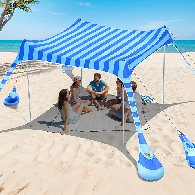2PM SPORTS Beach Tent Canopy with UPF50+ UV Protection, Outdoor Large Beach Sun Shade Shelter for Family Picnic Camping Travel Shore Fishing, 8 Sandbags, Sand Shovel (Striped Blue, 8x8 FT)