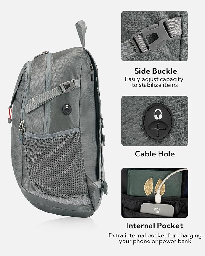 WATERFLY Lightweight Packable Hiking Backpack: 30L Foldable Travel Daypack Ultralight Camping Day Pack for Woman Man Grey