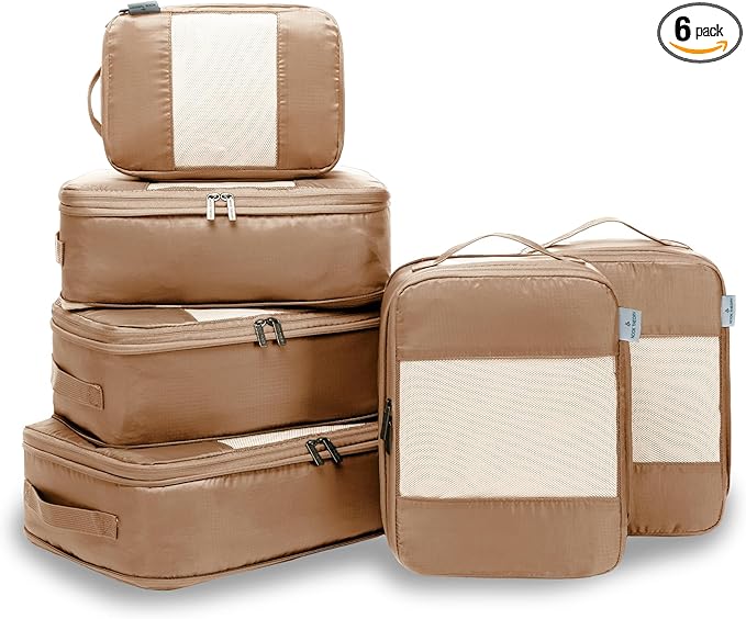 6-Pack Compression Packing Cubes Travel Essentials - Lightweight, Water-Resistant Luggage Organizer Bags with Handles, Durable Travel Accessories Suitcase Organizer (Mocha)