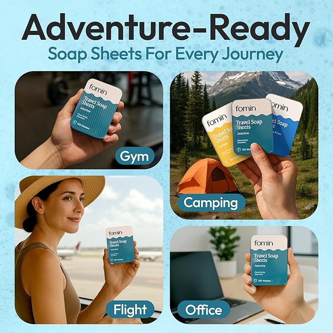 FOMIN - Antibacterial Paper Soap Sheets for Traveling - 300 Jasmine Portable Hand Soap Sheets for Travel in Tin - Dissolvable Mini Portable Travel Soap Sheet for Hand Washing, Camping and Hiking