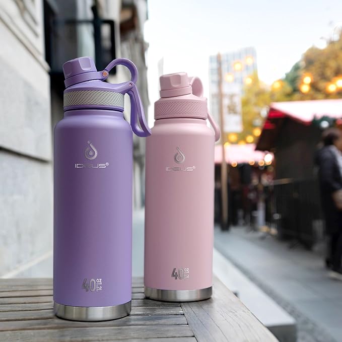 IDEUS Insulated Stainless Steel Water Bottle with 2 Leak-Proof Lids, Thermal Water Flask for Hiking Biking, 40oz, Violet